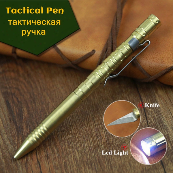 2017 New Outdoor Campinng Tool Multi-functional Tactical Pen Brass With Led Lights Carved Knife Defense Outdoor Edc Supplies
