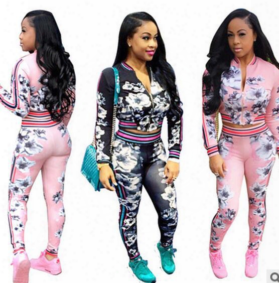 2017 Spring New Two - Piece Suits Women Clothes Sets Tracksuits Two-color Strip Digital Flowers Printing Suit Outdoor Jogging Suit Sportswea