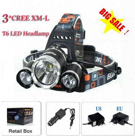 3t6 Headlamp 6000 Lumens 3 X Cree  Xm-l T6 Head Lamp High Power Led Headlamp Head Torch Lamp Flashlight Head +charger+car Charger