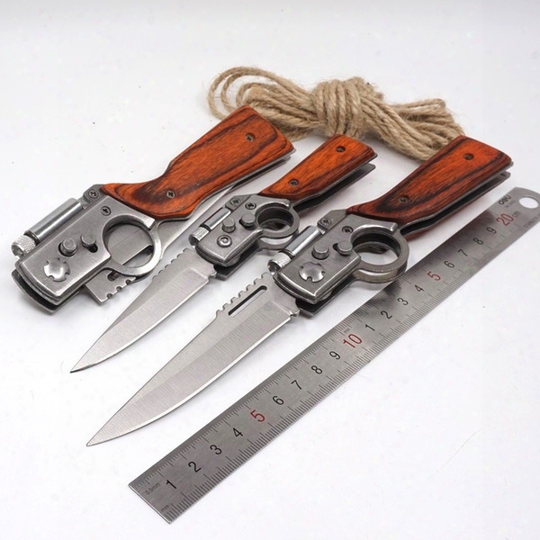 Ak47 Gun Knife Folding Army Pocket Knife 440 Steel Blade Wooden Handle Tactical Camping Survival Knives With Led Light Outdoors Edc Tool