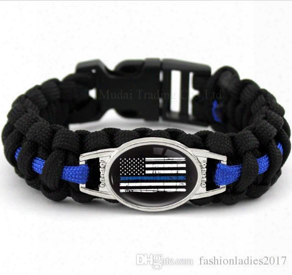 Black Blue Thin Blue Line American Flag Back The Blue Police Paracord Survival Outdoor Camping Bracelet For Women & Men Girlfriend