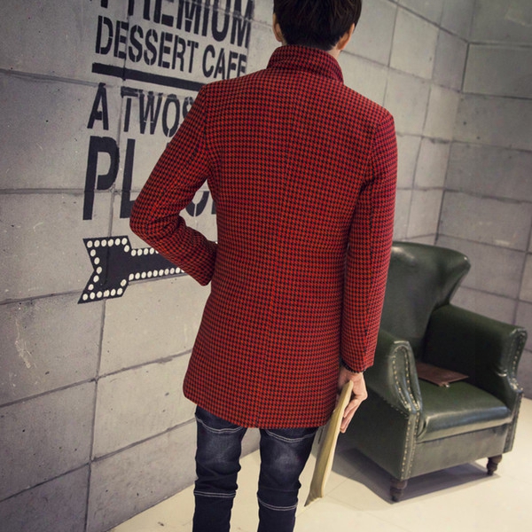 Fall-winter Fashion Warm Houndstooth Trench Men&#39;s Woolen Coats Middle-long Jackets Coats Mens Outdoor Greatcoat Turn-down Collarr Wct5