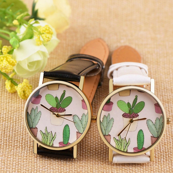 Fashion Design Women Watches Cactus Potted Plants Pattern Luxury Pu Leather Quartz Accidental Wristwatches Dress Ladies  Famous Watch Gifts New