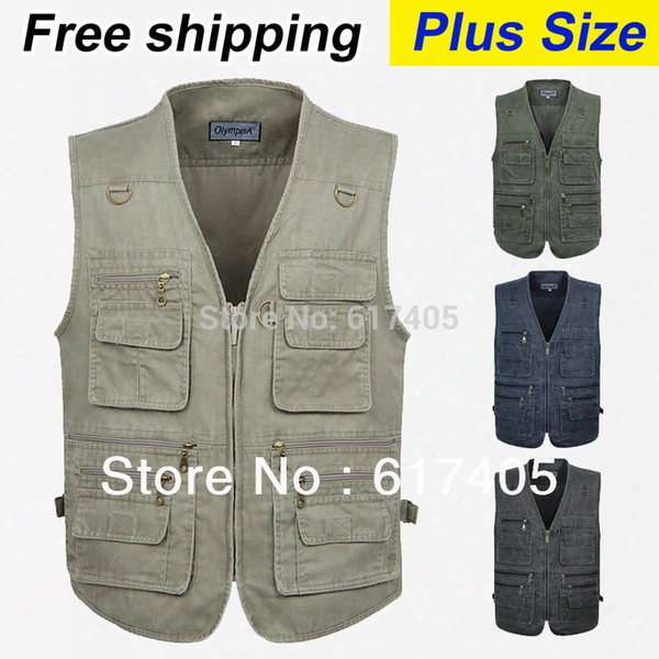 Free Shipping 2015 Summer Men&#039;s Plus Size Fishing Jacket Denim Vest And Outdoor Casual Multi-pocket Waistcoat Men Hot Sale