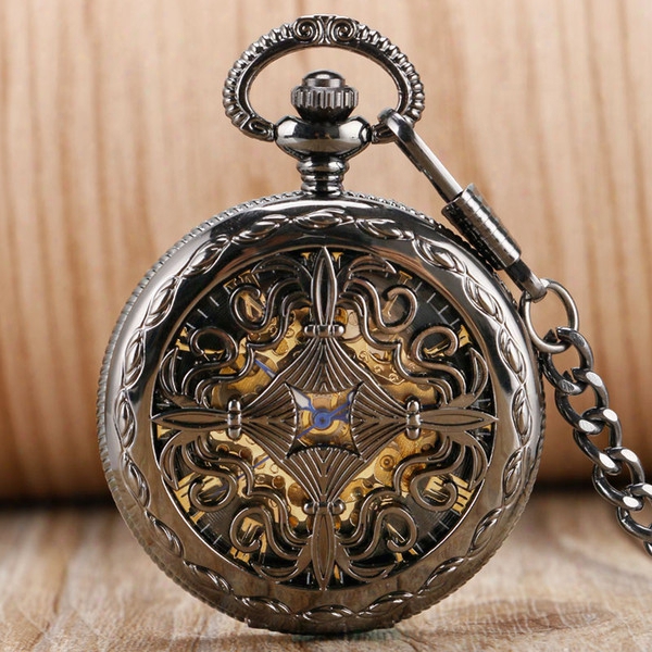 Luxury Retro Roman Numerals Grilles Automatic Mechanical Women Black Gold Pocket Watch Chain Self Winding Transparent Ske Leton