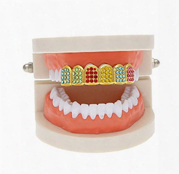 New 14k Gold Plated Hpi Hop Bling Bling Teeth Fangs Grillz Caps Top Grill Rapper Colorful Zircon Set Christmas Party Gift