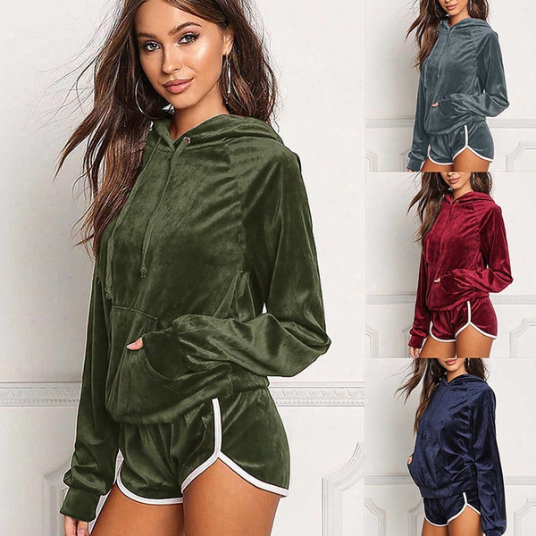 New Sexy Women Winter Tracksuits Velvet Long Sleeve Slim Hooded Blouse Hot Pant Outdoor Sports Two Piece Set Wear