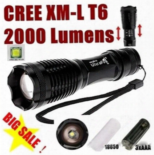 Ultrafire E007 Cree Xm-l T6 2000lumens 5 Mode Cree Led Torch Zoom Led Flashlight Torch For 3xaaa Or 1x18650 - Free Shipping