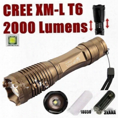 Ultrafire E008 Cree Xm-l T6 2000lumens 5 Mode Cree Led Torch Zoom Led Flashlight Torch For 3xaaa Or 1x18650 - Free Shipping(golden)