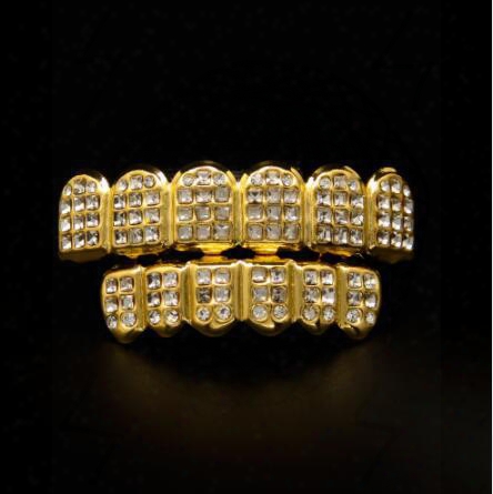 White Gold Iced Out Cz Diamonds Teeth Top Silver Tone 3 Three Rows Grill Set Joker Tooth Bling Grillz