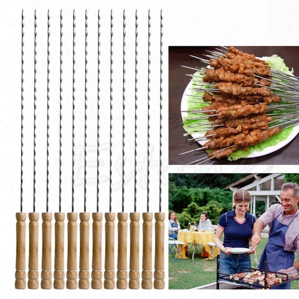 Wholesale- 12 /1 Set New Hot Fashion Bbq Barbecue Skewer Grill Kabob Kebab Stick Flbq Barbecue Skewer Grill Kabob