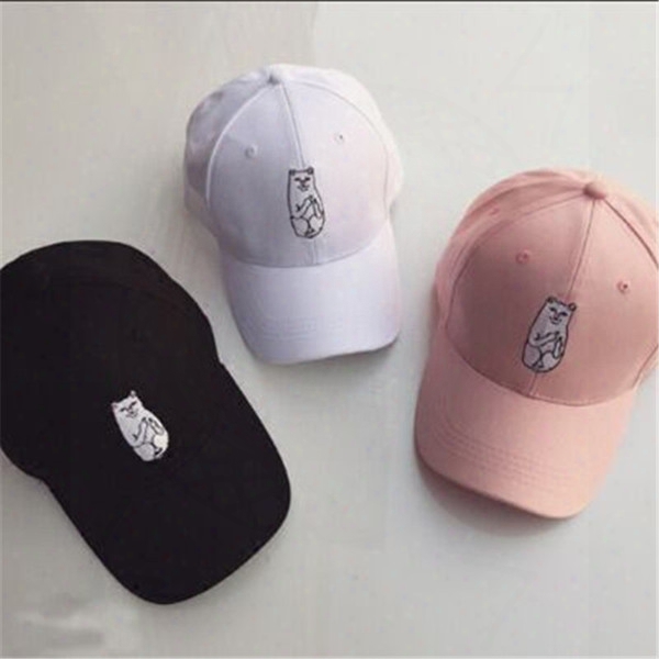 Wholesale- 2016 Cartoon New Cat Embroidery Curved Finger Bone Brimmed Hip-hop Hat Fashion Cap Snapback Baseball Hats For Men And Women