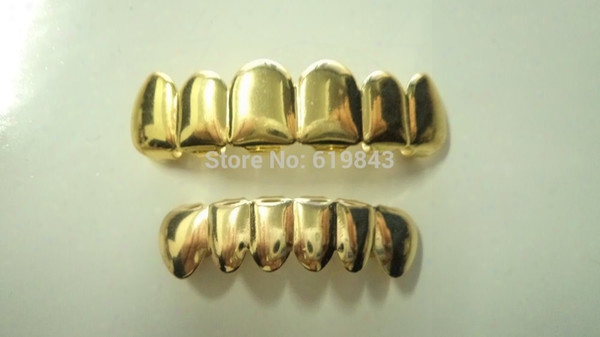 Wholesale-real Shiny!! Real Gold Plated Hiphop Teeth Grillz Top &amp; Bottom Grill Set