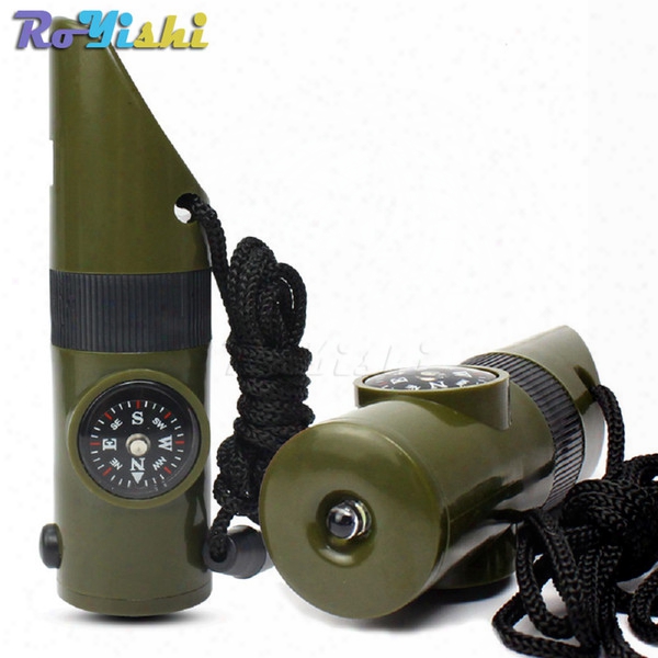 1pcs 7 In 1 Multifunctional Military Survival Kit Magnifying Glass Whistle Compass Thermometer Led Light