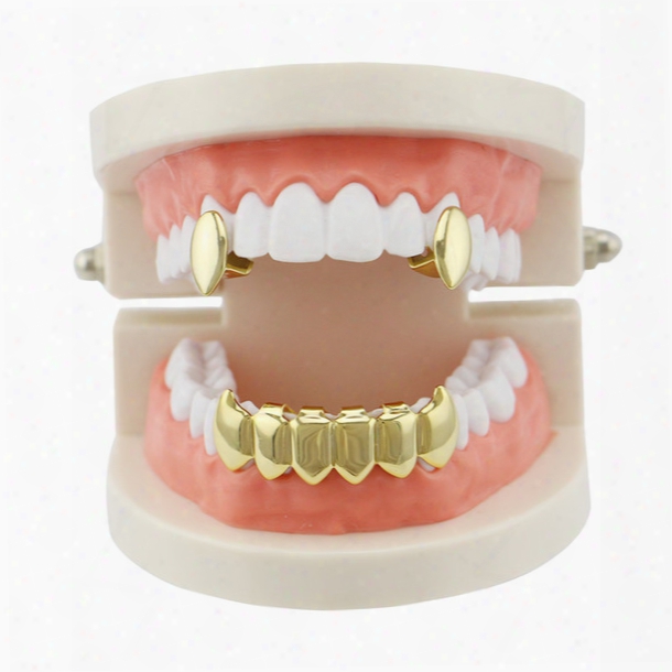 4 Colors Men Women Vampire Fangs Teeth Hip Hop Grillz Top Bottom Dental Grills Set Copper Body Jewelry Party Gifts Rapper Hiphopman Favorite