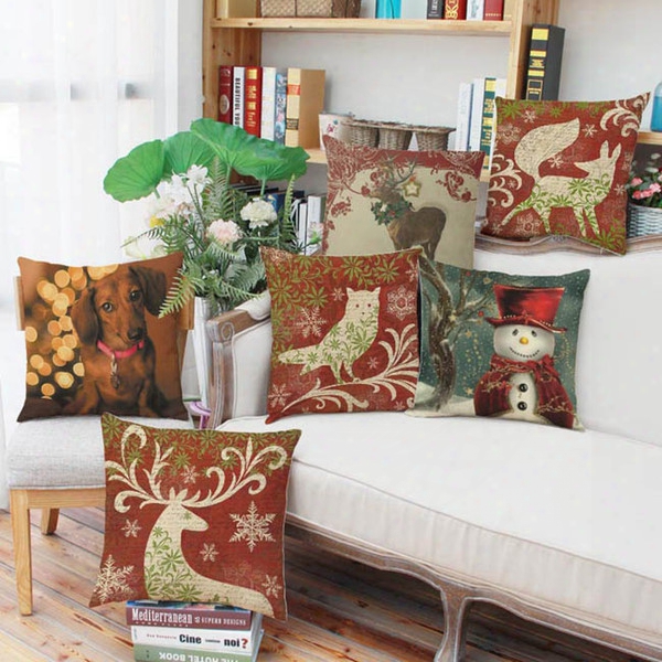 Christmas Holiday Red Cushion Cover Pillowcase Linen 44cm Square Fox Owl Deer Snowman Dog Smooth Fabric Light Weight Home Decor Outdoro Car