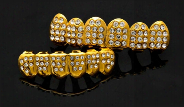 Gold Color Iced Out Cz Teeth Grillz Top Bottom Tooth Caps Hip Hop Bling New With Free Mode Simulated Diamonds