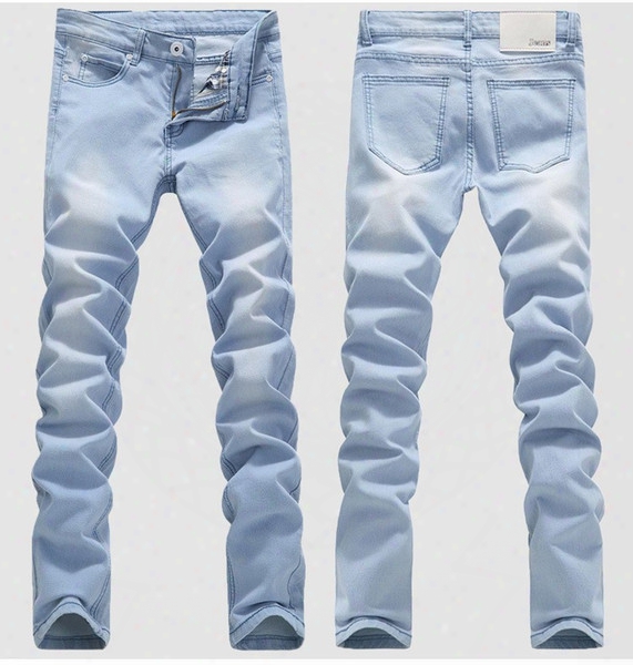 Hot 2016 Outdoor Cowboy Bleaching Washed Feet Casual Boom Elastic Male Pencil Pants Denim Boys Hip Hop Li Ght Blue Biker Jeans