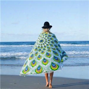 Indian Round Peacock Print Tapestry Polyester Round Beach Towels Yoga Mat Wall Art Hanging Large Shawls Outdoor Pincnic Throw Blanket Bkt088