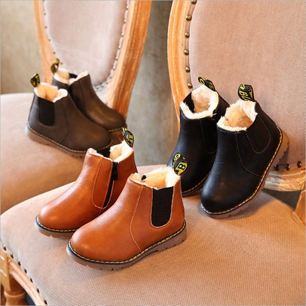 Kids Winter Leather Plush Shoes Boys Toddler Boots Autumn Fashion Martin Boots With Fur Children Soft Outdoor Girls Boots Shoes
