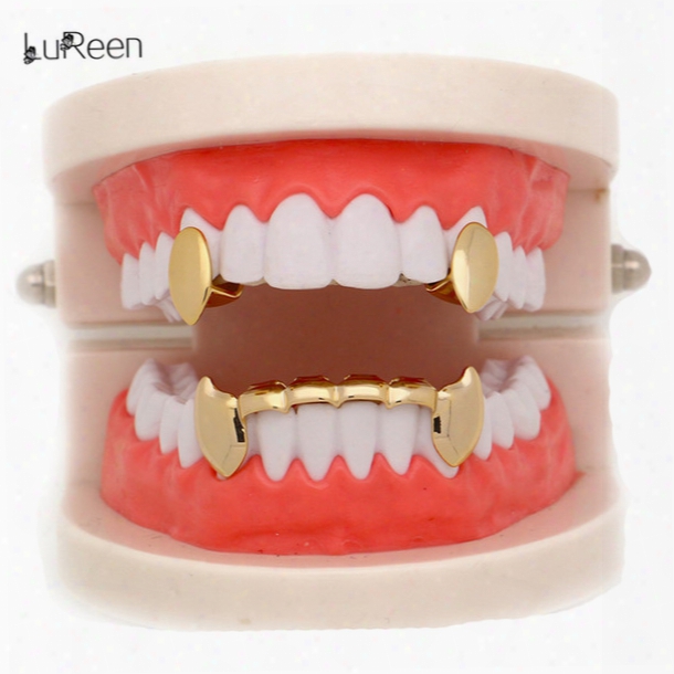 Lureen 14k Rose Gold Silver Grillz Teeth Vampire Dracula Teeth 2pc Single Fangs And 6 Bottom Grillz Set