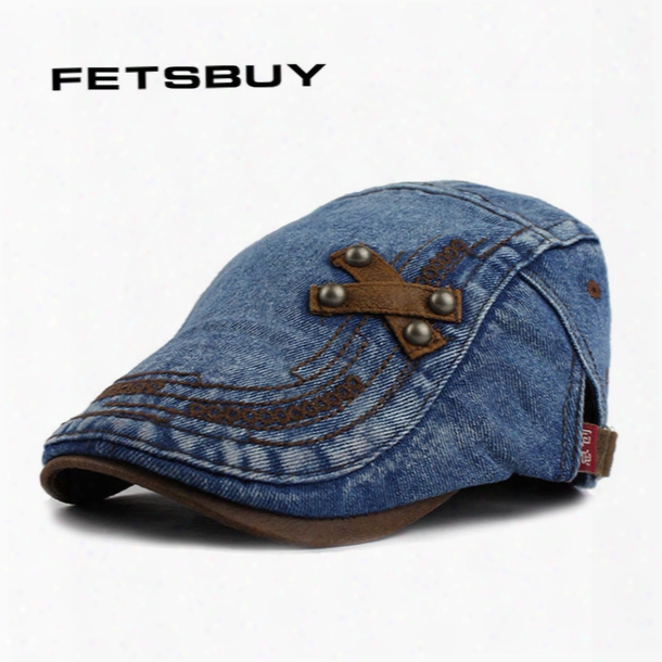 Wholesale-fetsbuy Fashion Spring Summer Jeans Hats For Men Women Quality Casuaal Unisex Denim Beret Caps Outdoors Flat Sun Cap For Cowboy