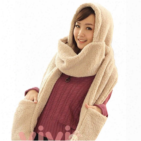 Wholesale-winter Warm Women&#39;s Solid Hoodie Gloves Pocket Earflap Hats &amp; Glove Sets Long Scarf Shawl Snood Wraps Outdoor High Quality