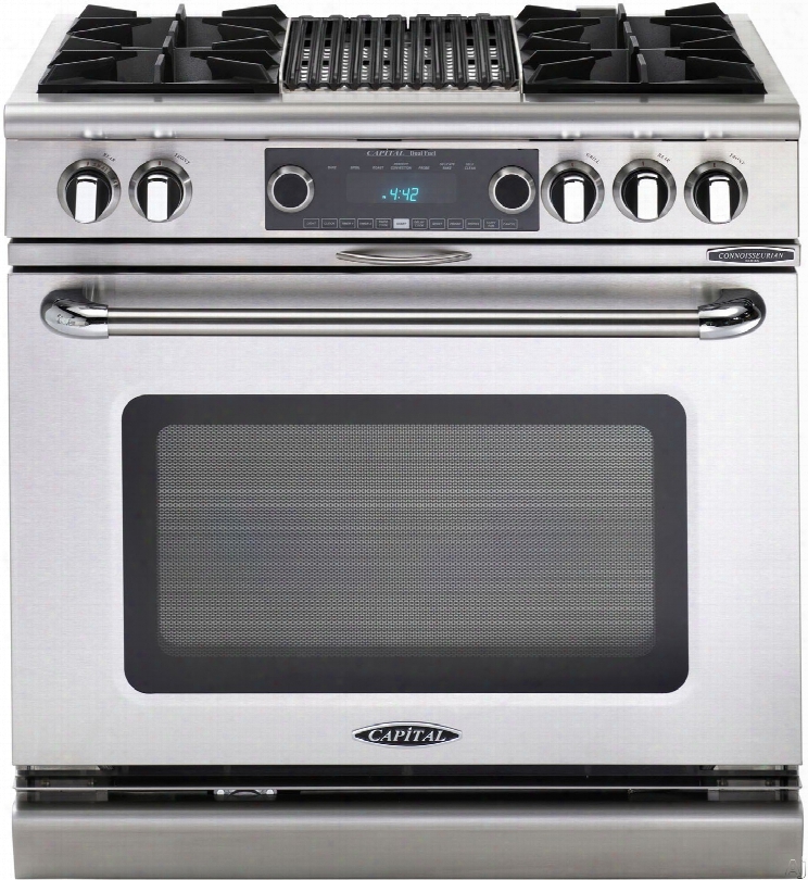 Capital Connoisseurian Series Cob362b2l 36 Inch Pro-style Dual Fuel Range Wiht 4 Open Burners, 12" Grill, Dual Air-flow Convection, Flex-roll␞ Oven Racks, Moto-rotis␞ Rotisserie, Moist Cooking Mode, Spill Trays And 4.9 Cu. Ft. Capacity: L