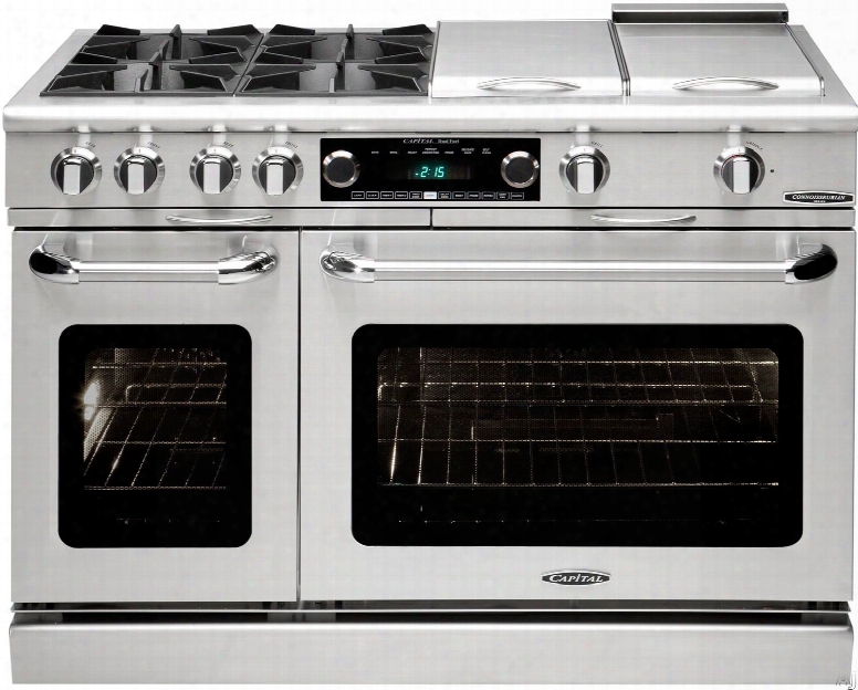 Capital Connoisseurian Series Cob484bbl 48 Inch Pro-style Dual Fuel Range With 4 Open Burners, 24" Bbq Grill, Meat Probe, Moto-rotis␞ Rotisserie, Moist Bake Option, Dual Kitchen Timers, 5.4 Cu. Ft. Primary Oven And 2.4 Cu. Ft. Secondary Oven: S