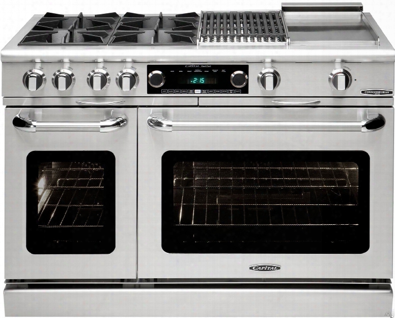 Capital Connoisseurian Series C Ob484bg 48 Inch Pro-style Dual Fuel Rrange With 4 Open Burners, 12" Thermo-griddle, 12" Bbq Grill, Dual Kitchen Timers, Moto-rotis␞ Rotisserie, Moist Bake Option, 5.4 Cu. Ft. Primary Oven And 2.4 Cu. Ft. Secon