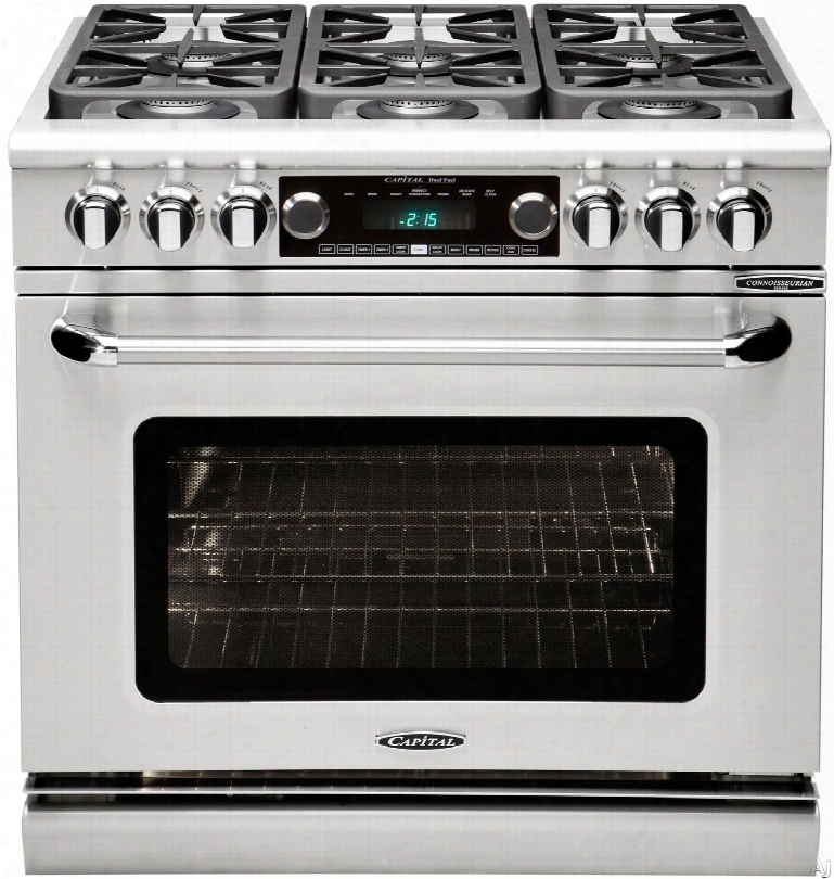 Capital Connoisseurian Series Csb362b2l 36 Inch Pro-style Dual Fuel Range With 4 Sealed Burners, 12" Bbq Grill, Dual Air-flow Convection, Dual Kitchen Timers, Moto-rotis␞ Rotisserie, Moist Bake Option And 5.4 Cu. Ft. Oven: Stainless Steel, Liqu