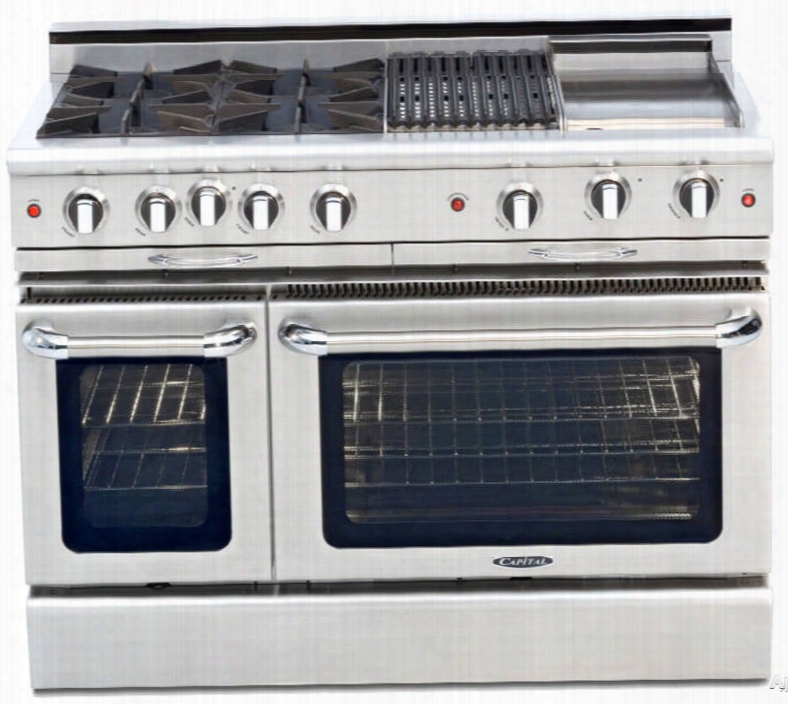 Capital Culinarian Series Cgsr482bg2 48 Inch Pro-style Gas Range With 4 Open Burners, 12" Thermo-griddle, 12" Bbq Grill, Self-clean, Moto-rotis␞ Rotisserie, Ez-glides␞ Drip Tray, Stay-cool␞ Knobs, 4.6 Cu. Ft. Primary Oven And 2