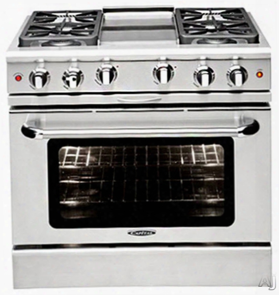 Capital Precision Series Mcor364b 36 Inch Freestanding Gas Range With 4 Open Burners, 25,000 Btu, 4.9 Cu. Ft. Oven, 30,000 Btu Oven Bake, 12 Inch Hybrid Radiant Bbq Grill, Interior Oven Light And Continuous Grates