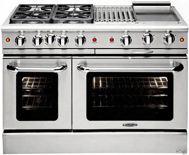 Capital Precision Series Mcor482bg2 48 Inch Freestanding Gas Range With 4 Open Bruners, 25,000 Btu, 4.9 Cu. Ft. Oven, 30,000 Btu Oven Bake, Double Hybrid Radiant Bbq Grill, 12 Inch Ther Mo-griddle, Interior Oven Ligh T And Connected Grates