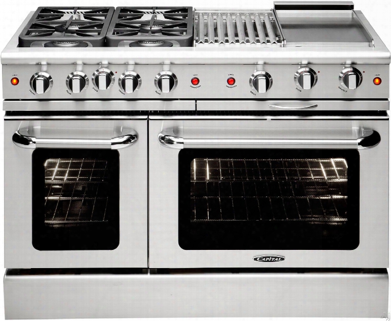 Capital Precision Series Mcr484bgl 48 Inch Freestanding Gas Range With 4 Sealed Burners, 12" Grill, 12" Thermo Griddle, Ez-glide Drip Trays, Interior Oven Light, Continuous Grates, 4.9 Cu. Ft. Primary Oven And 2.7 Cu. Ft. Secondary Oven: Liquid 
