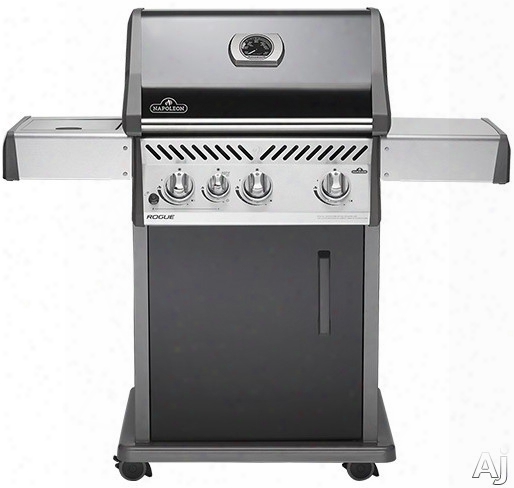 Napoleon Rogue Series R425 32 Inch Gas Grill With Accu-probe, Jetfire Ignition, Wave Cast Iron Grid, 3 12,000 Btu Stainless Steel Tube Burners, 9,000 Btu Open Side Burner, Steel Cart, 535 Sq. In. Total Area And Black Enamel Lid