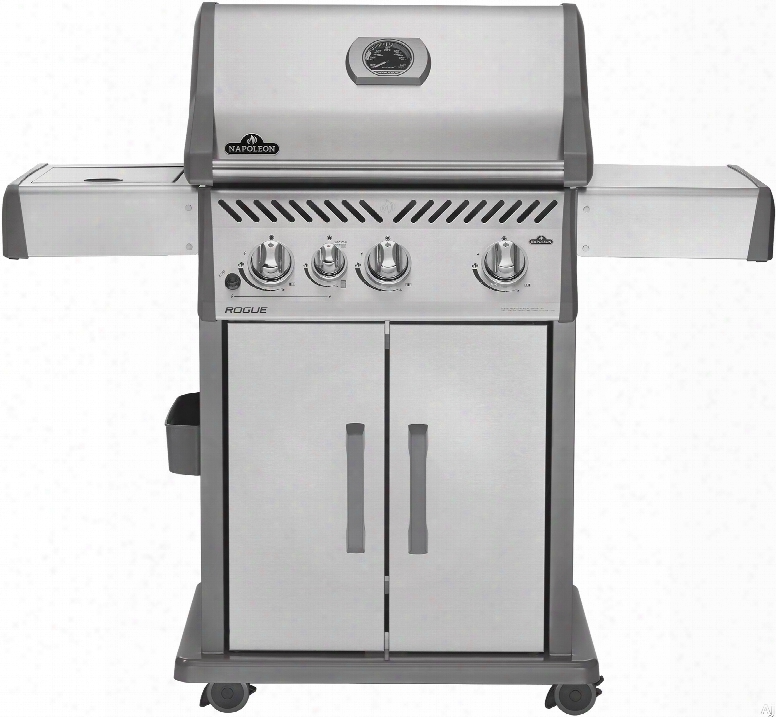 Napoleon Rogue Series R425sib 32 Inch Gas Grill Through  3 12,000 Btu Stainless Steel Tube Burners, 9,000 Btu Infrared Sizzle Zone Side Burner, Jetfire Ignition, Steel Cart, 625 Sq. In. Total Area, Wave Stainless Steel Grid, Chrome Warming Rack And Stainless 