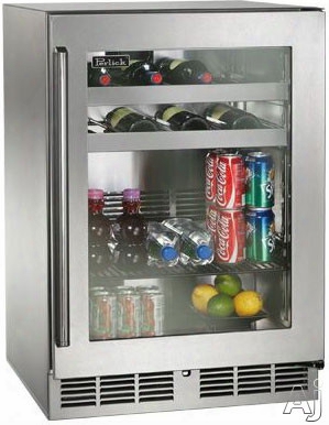 Perlick Signature Series Hp24bo33r 24 Inch Built-in Undercounter Outdoor Beverage Center With 16 Wine Bottle Capacity, 41 12-oz. Can Capacity, 5.2 Cu. Ft. Volume, 2 Wine Racks And 1 General Shelf: Stainless Steel-glass, Right Hinge Passage Swing