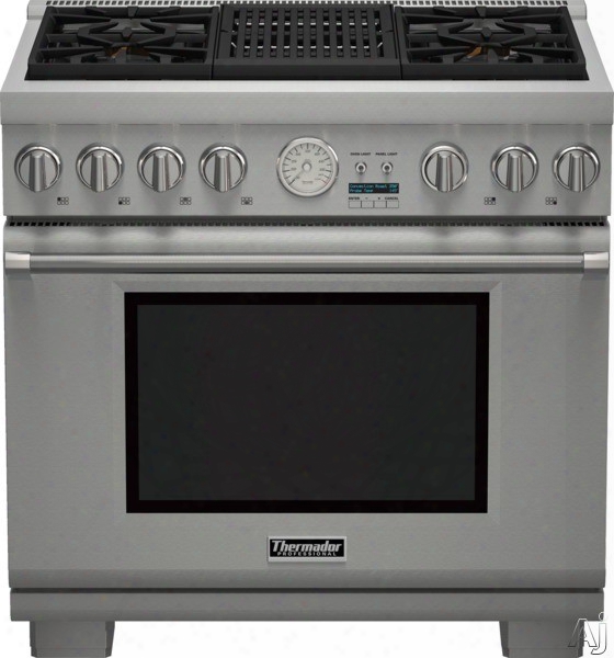 Thermador Pro Grand Professional Series Prd364nlgu 36 Inch Pro-style Dual Fuel Range With 4 Sealed Star Burners, 5.7 Cu. Ft. Convection Oven, Electric Grill, 22,000 Btu Power Burner, Extralow Simmer Burners, Star-k Certified Sabbath Mode, Telescopic Racks