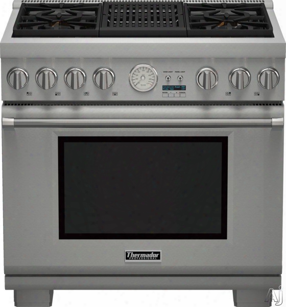 Thermador Pro Grand Professional Series Prg364nlg 36 Inch Pro-style Gas Range With 4 Sealed Star Burners, 5.5 Cu. Ft. Convection Oven, Electric Grill, 22,000 Btu Power Burner, Extralow Simmer Burners, Telescopic Racks, Selfc-leaning Mode And Star-k Certif