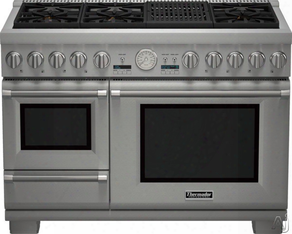 Thermador Pro Grand Steam Professional Series Prd48nlsgu 48 Inch Pro-style Dual Fuel Range With 6 Sealed Star Burners, 5.1 Cu. Ft. Convection Oven, 1.4 Cu. Ft. Steam Oven, Electric Grill, 22,000 Btu Power Burner, Extralow Simmer Burners, Warming Drawer, S