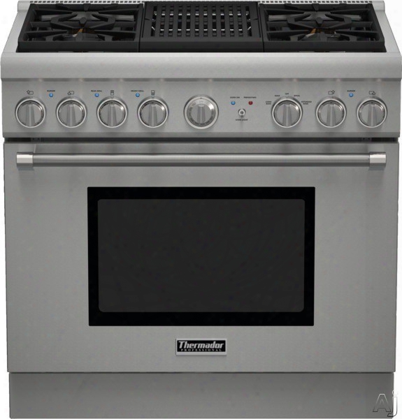 Thermador Pro Harmony Professional Series Prg364nlh 36 Inch Pro-style Gas Range With 4 Sealed Star Burners, 5.0 Cu. Ft. Convection Oven, Electric Grill, Extralow Simmer Burners, Telescopic Racks And Star-k Certified: Natural Gas