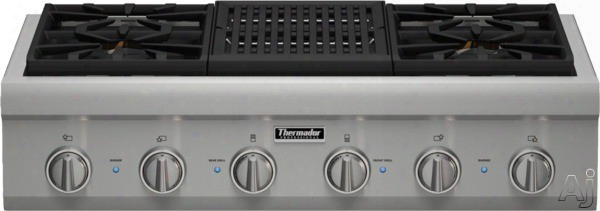 Thermador Professional Series Pcg364nl 36 Inch Pro-style Gas Rangetop With 4 Pedestal Star Burners, Griddle Or Grill Option, Metal Knobs, Precision Simmering And Island Trim: Grill