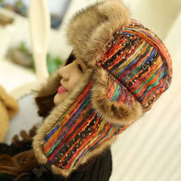 1 Color Trapper Hats Ushanka Russian Hat Fur Winter Hats Sports Snow Outdoor Aviator Ear Flaps Cap For Women Bomber Hats001 Rainbow