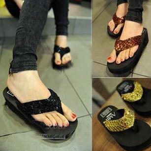 2014 New High-heeled Woman Sequins Slippers Flip Flops Beach Shoes Outdoor Shoes Board Shoes