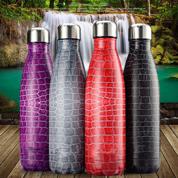 500ml Vacuum Wter Bottle Stainless Steel Bottle Thermos Crocodile Lines Pattern For Outdoor Indoor Sports Hiking Running Yoga Travel