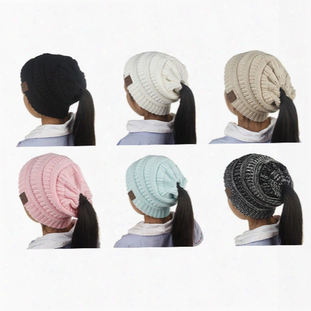 6 Colors Children Cc Beanie Caps For 3 To 12 Year Old Winter Outdoor Warm Ponytail Hats Kids Girl Knitted Crochet Skull Beanies