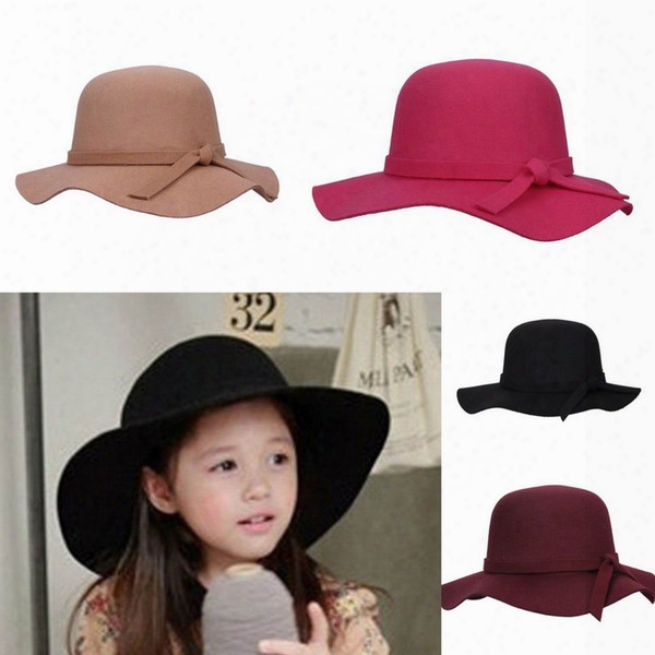 Lovely Children Girl Faux Wool Felt Hats Vintage Wide Brim Caps Outdoor Casual Travel Hats Colors Choose Eko*1
