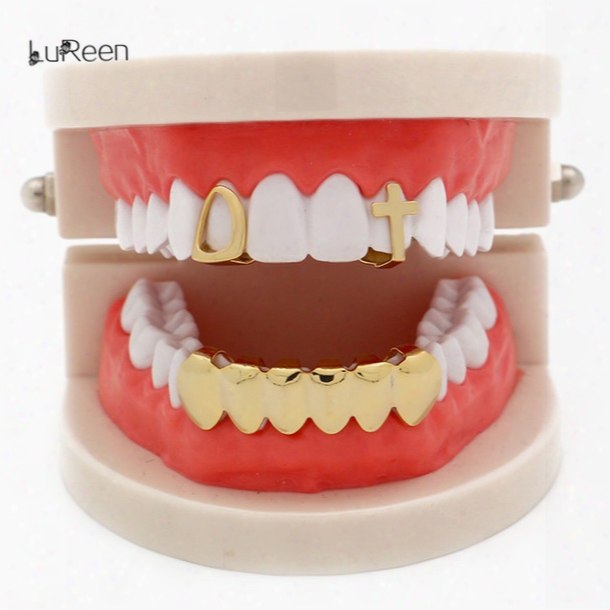 Lureen Gold Rose Gold 2pc Single Cross Open Outline Teeth Grillz And 6 Teeth Bottom Combo
