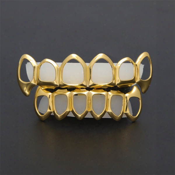 New Hip Hop Custom Fit Grill Six Hollow Open Face Gold Mouth Grillz Caps Top &am P; Bottom With Silicone Vampire Teeth Set